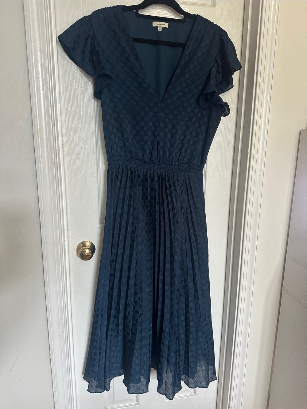 Max Studio navy blue Dot Pleated Midi Dress